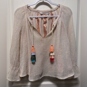 Zara Trafaluc Collection boho cotton mesh tassel crochet blouse lined top Sz M